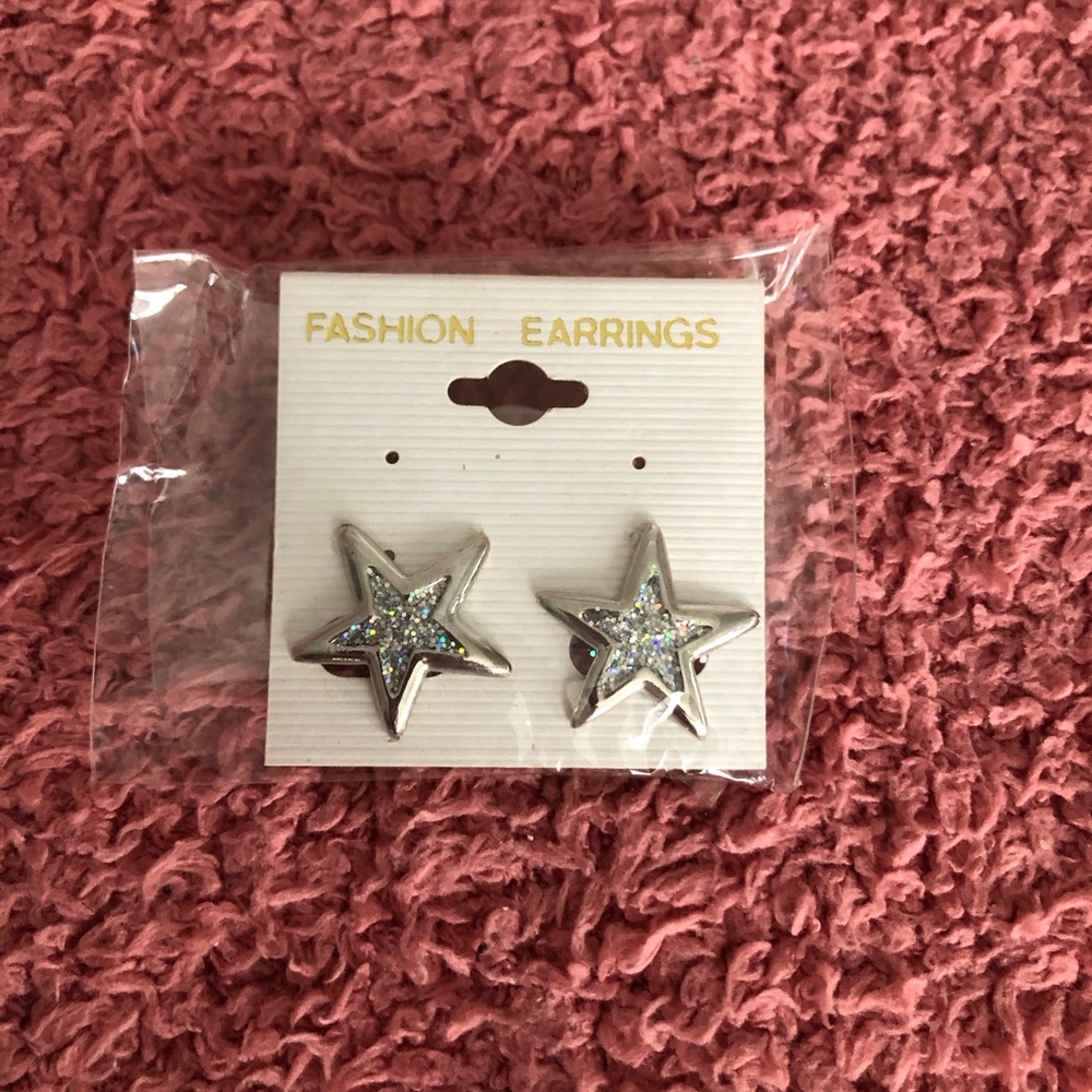 Fashion Star-Shaped Clip On Earrings in Silver with Glitter Accent